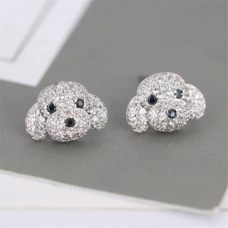 New Full Crystal Dog Stud Earrings 925 Sterling Silver Women