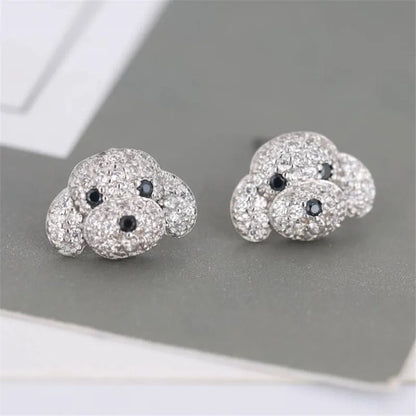 New Full Crystal Dog Stud Earrings 925 Sterling Silver Women