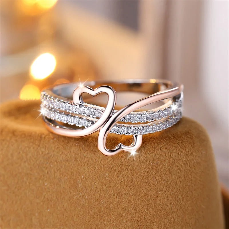 Two-Tone Rose Gold & Silver Double Heart Ring for Women