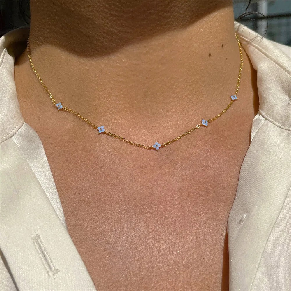 Crystal Clover Choker Necklace For Women K-pop Fashion Gold Color Thin Short Neck Chain Blue Flower Jewelry Gifts