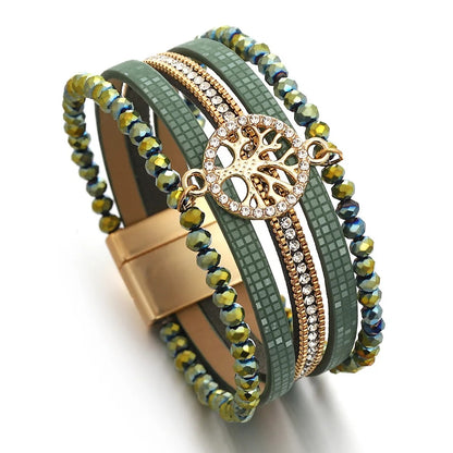 Vintage Tree of Life Leather Bracelet for Women Multilayer Crystal Beads Chain Wrap Bracelets & Bangles Party Jewelry