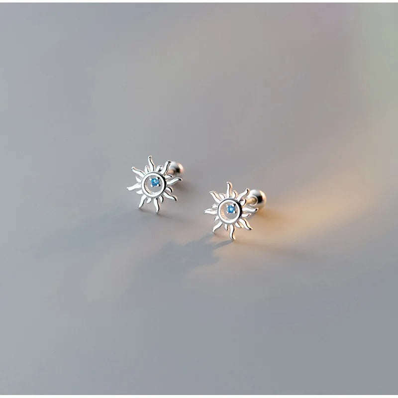 925 Sterling Silver Blue Zircon Sun Stud Earrings Women