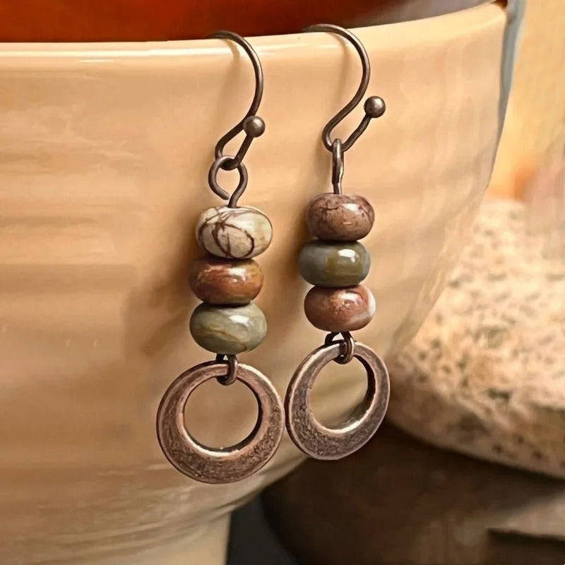 2 Pieces Vintage Bohemian Copper Natural Stone Antique Red Female Dangle Earrings