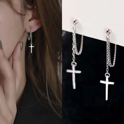 Silver Color Cross Drop Earrings for Women Men Gothic Hip Hop Long Tassel Hanging Earring Jewelry