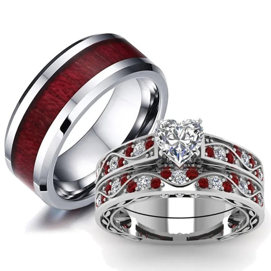Fashion Couple Rings Women Heart White Crystal Rings Set Red Wood Men's Stainless Steel Ring Wedding Band Jewelry Gift