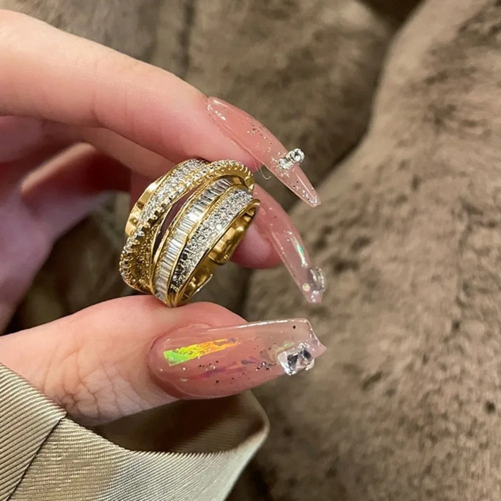 Trendy Gold Geometric Zircon Multi-Layered Ring Women Jewelry