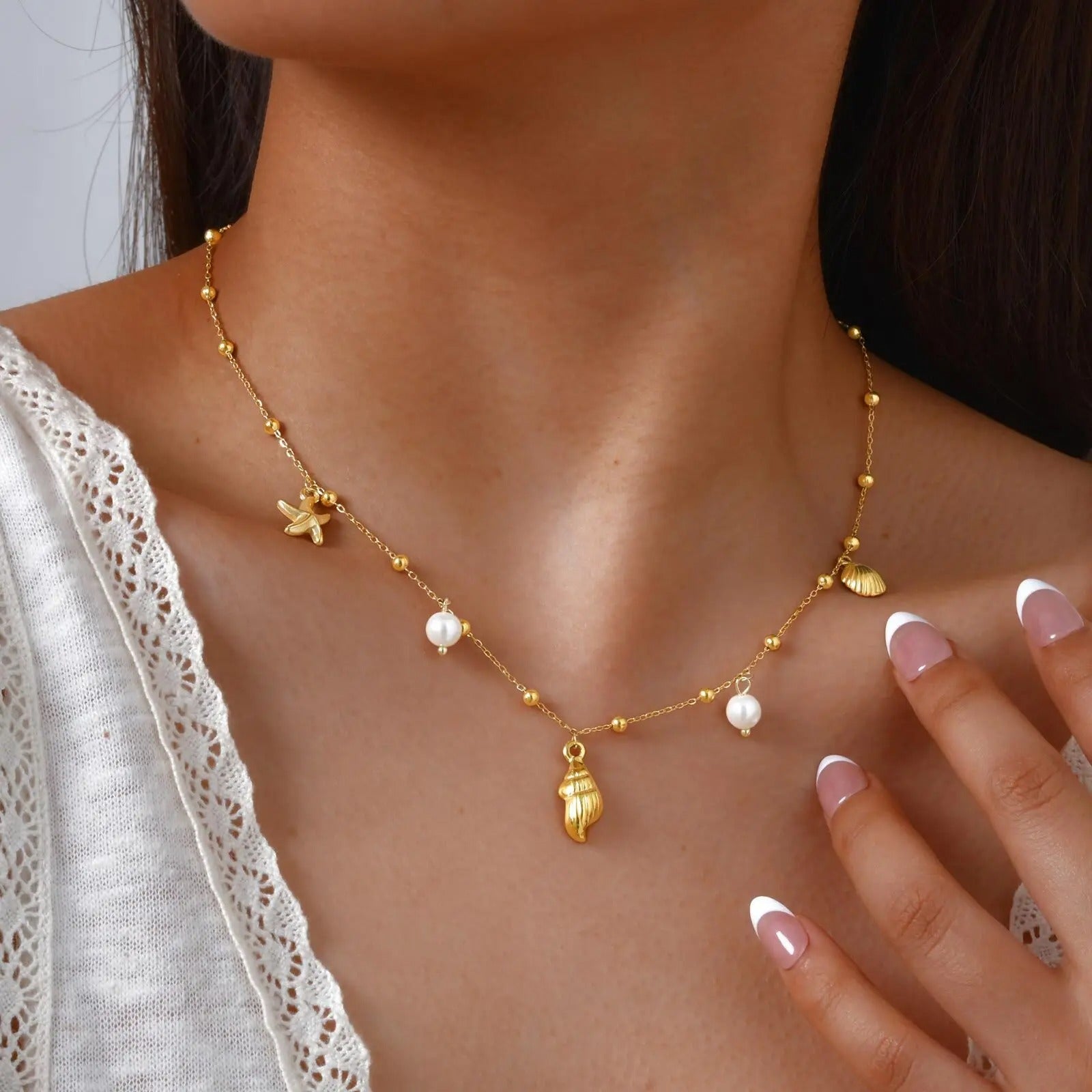 Charms Necklace for Women, Gold Plated Pearl Shell Conch Starfish Summer Beach Necklace, Stainless Steel Waterproof Jewelry