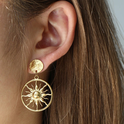 Stainless Steel Sunflower Circle Dangle Earrings Women Luxury Jewelry