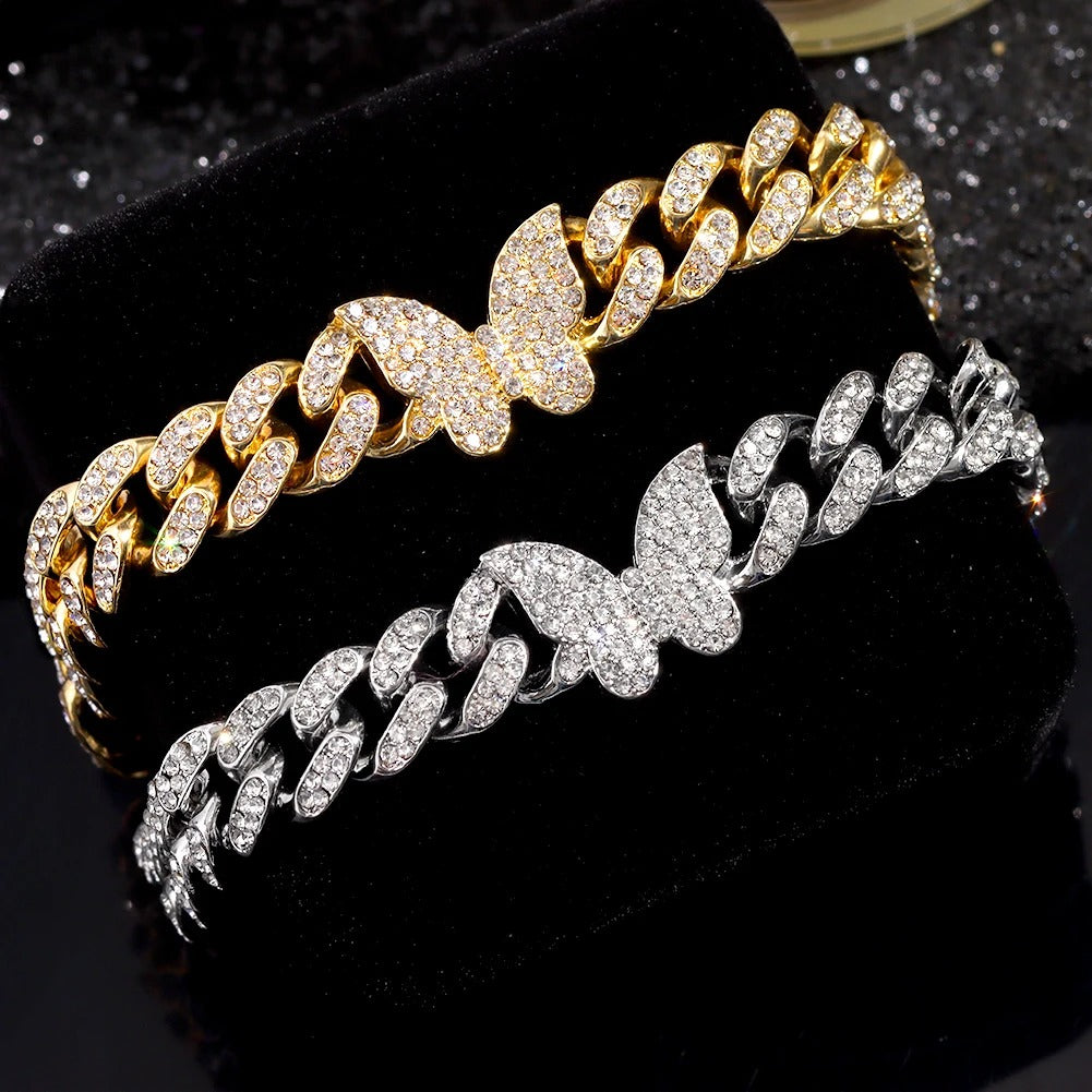 Fashion Shine Crystal Butterfly Miami Cuban Anklets for Women Iced Out Bling Cuban Link Chain Ankle Bracelet 2025