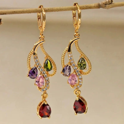 Pink Green Purple Stone Hoop Earrings Women Gold Flower Jewelry