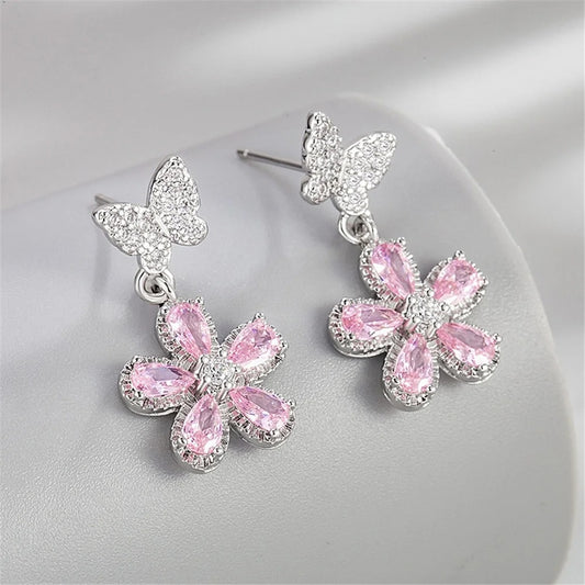 Lovely Silver Flower Earrings with Pink Zircon for Women