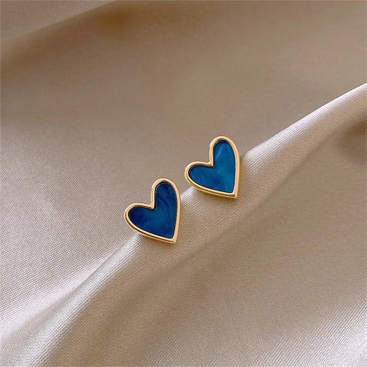 New Korean Sweet Heart Stud Earrings Women Blue Glaze Minimalist