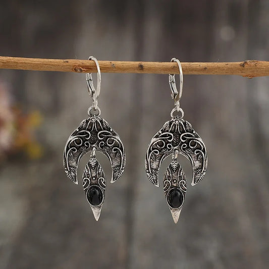 Vintage Silver Color Round Leaf Dangle Earrings Metal Carving Earrings for Women