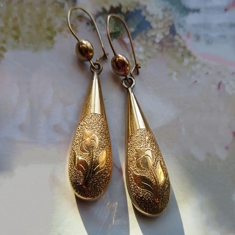 Charm Gold Color Geometry Round Flower Carving Dangle Earrings for Women Jewelry