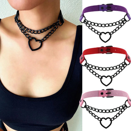Vintage Heart Necklace Choker With Chain Goth Collar For Girls Grunge Punk Cute Accessories