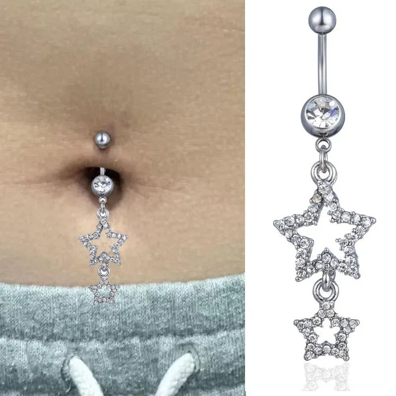 Star Belly Button Ring Long Dangle Crystal Navel Piercing