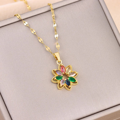 New In Fashion 7 Colors Zircon Crystal Flower Pendant Necklaces For Women Trendy Female Stainless Steel Chain Ladies Accessories