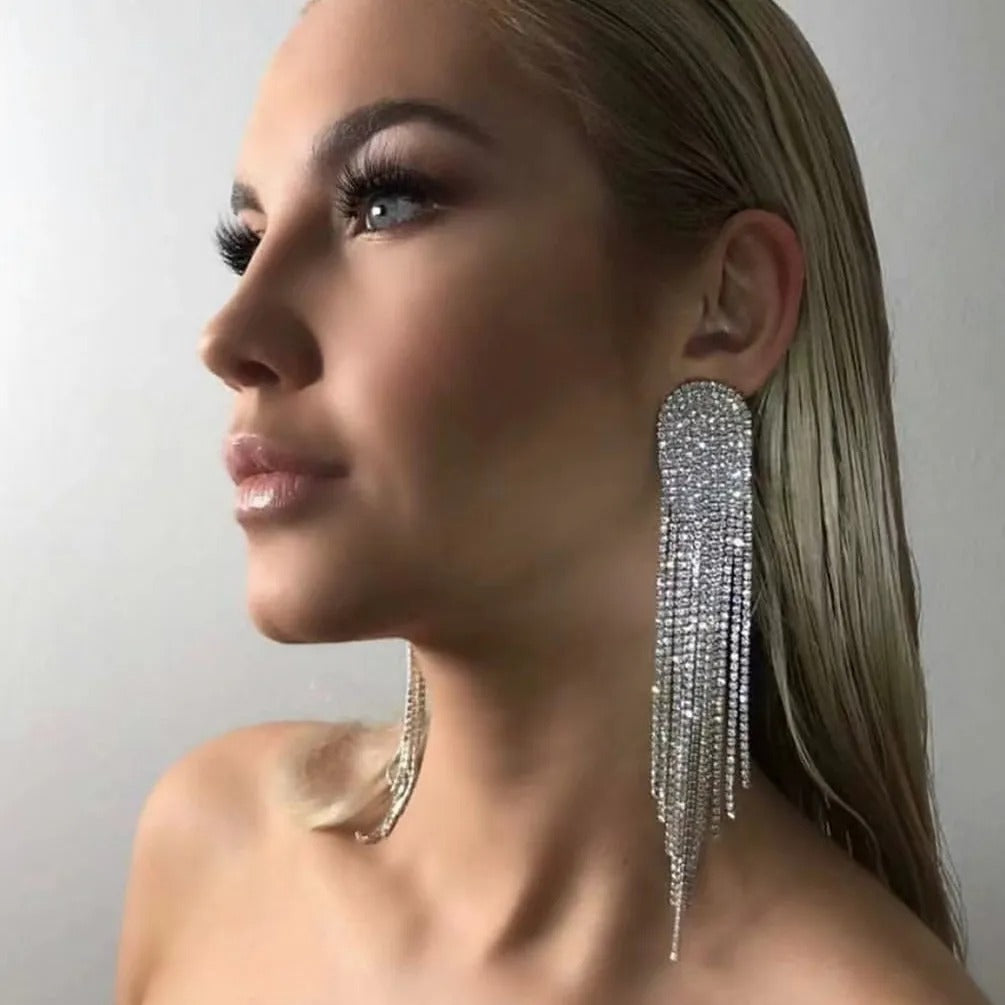 Fashion Shiny Exaggerated Long Tassel Earring Statement Wedding Drop Dangling Earring for Women 2025 Fashion Jewelry Party Gift