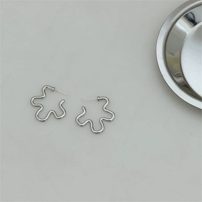 Korean Fashion Exaggerated Hollow Irregular Flower Hoop Earring for women Silver Color Girls Aesthetic Jewelry