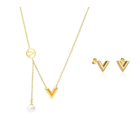 Trend Stainless Steel V Letter Necklace Earrings Jewelry Set for Women Girl Party Birthdayt Gift