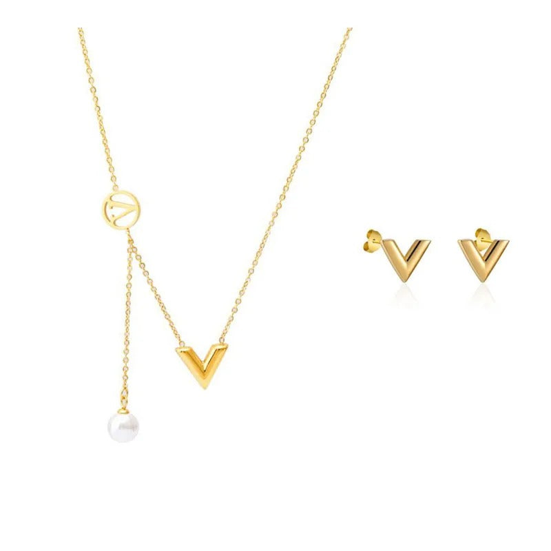 Trend Stainless Steel V Letter Necklace Earrings Jewelry Set for Women Girl Party Birthdayt Gift