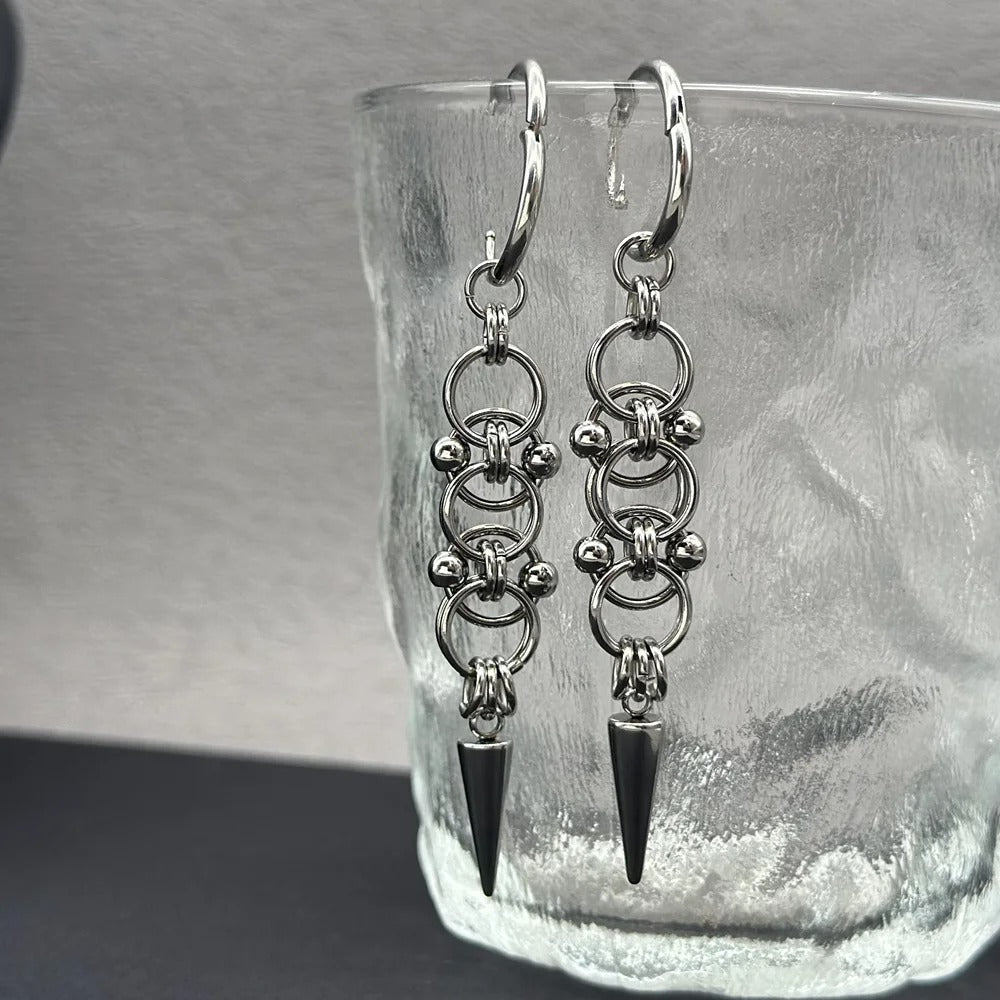 Handmade Stainless Steel Spike Hoop Earrings for Women Grunge Chain Dangle Earrings