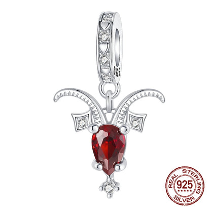 925 Sterling Silver 12 Constellations Capricorn Red Zircon Pendant Charm Fit Original Charm Bracelets Women