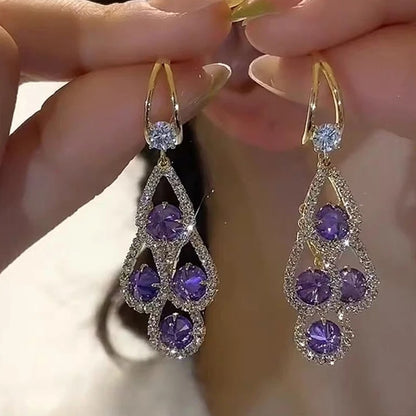 Vintage Purple Crystal Water Drop Tassel Earrings Women Party Jewelry