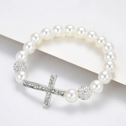 Imitation Pearl Beaded Cross Bracelet Elastic Women Jewelry Gift