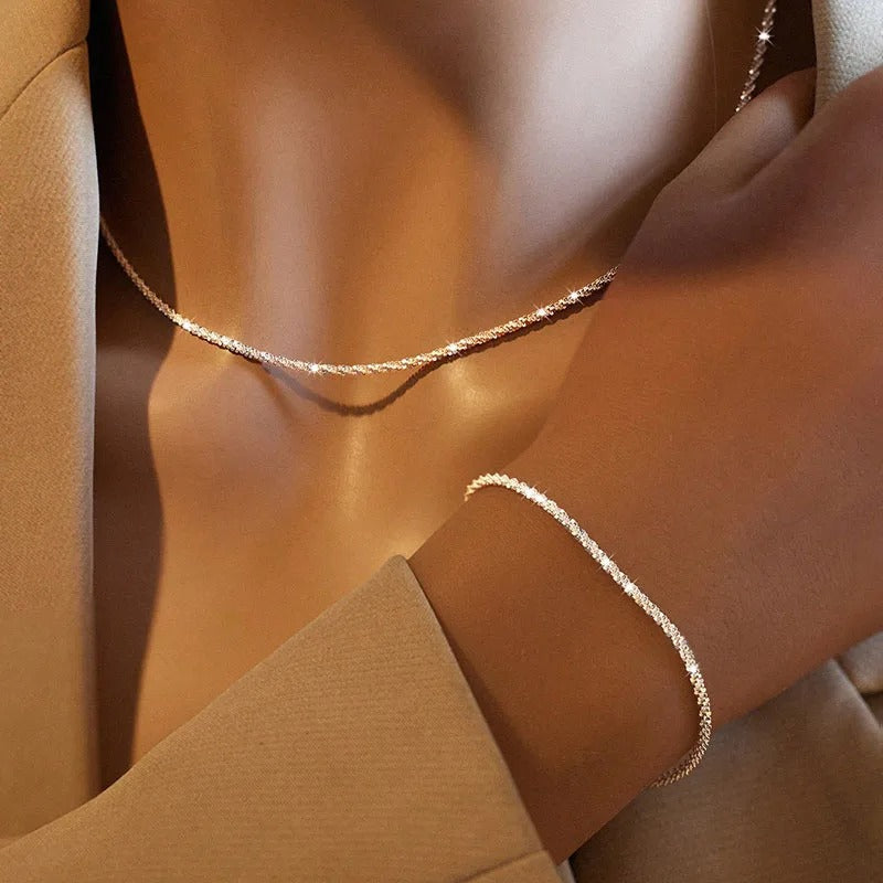 New Women's Shiny Necklace Bracelet Set Clavicle Chain Choker Fashion Jewelry Wedding Party Birthday Gift