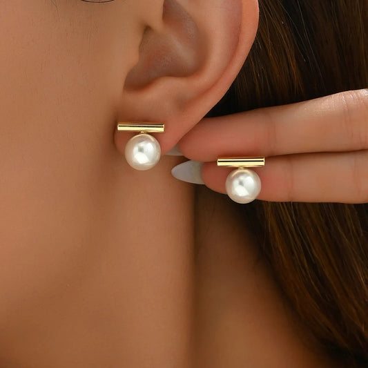 Simple Imitation Pearl Stud Earrings Gold Color Alloy Acrylic Beads Earring for Women Fashion Jewelry Trends Accessories