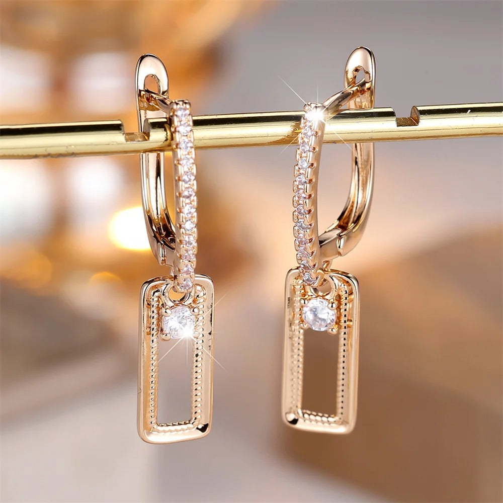 White Zircon Round Stone Rectangle Pendant Hoop Earrings For Women Vintage Gold Color Ear Buckle Wedding Jewelry Birthday Gifts