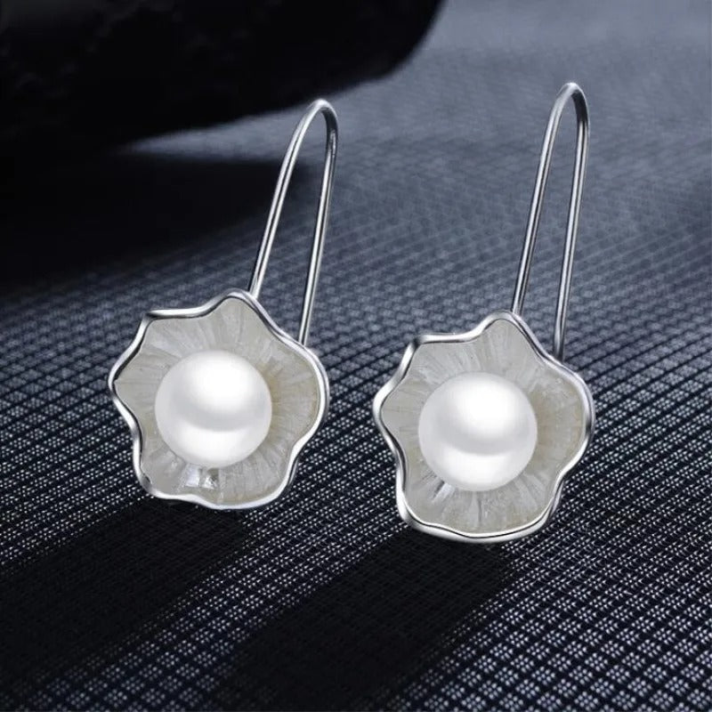 925 Sterling Silver Lotus Pearl Dangle Earrings Women Jewelry