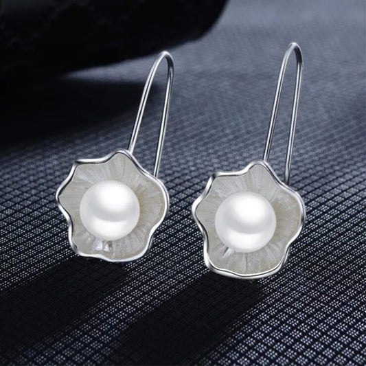 925 Sterling Silver Lotus Pearl Dangle Earrings Women Jewelry