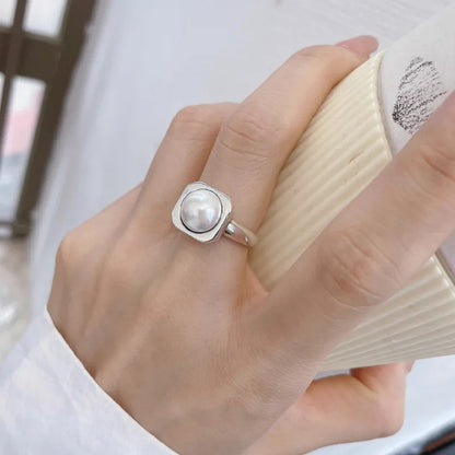 925 Sterling Silver Geometry Pearl Ring for Women Girl Gift Korean Versatile Finger Jewelry