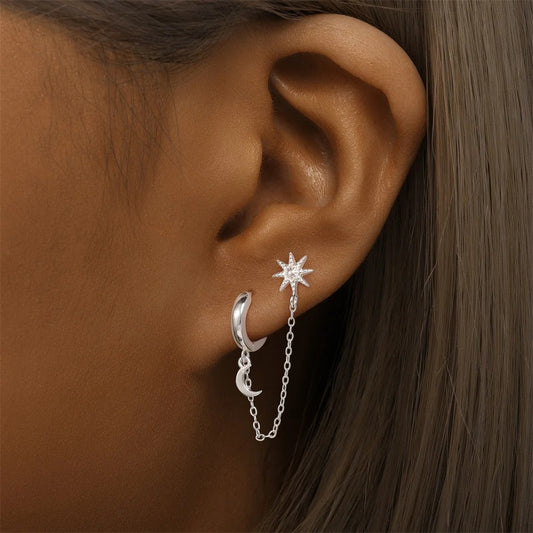 925 Sterling Silver Star and Moon Chain Earrings for Women