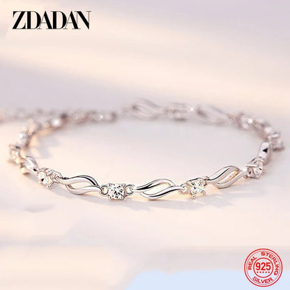 ZDADAN 925 Sterling Silver Crystal Bracelet Chain For Women Fashion Jewelry Gift