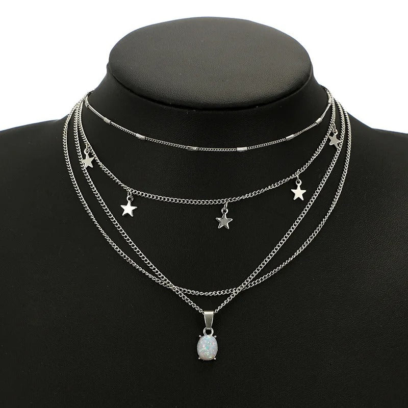 Bohemian Crystal Pentagram Multilayer Necklace Geometric Oval