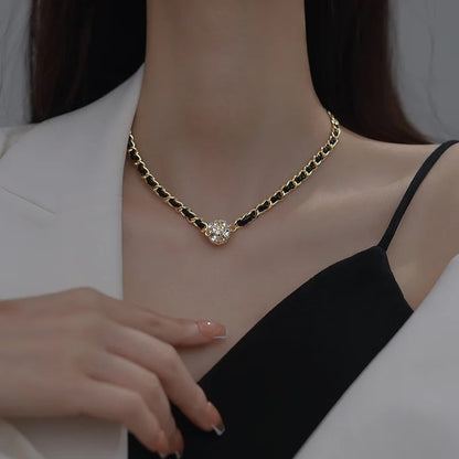Leather Winding Chain Necklace Vintage Rhinestone Magnetic Design