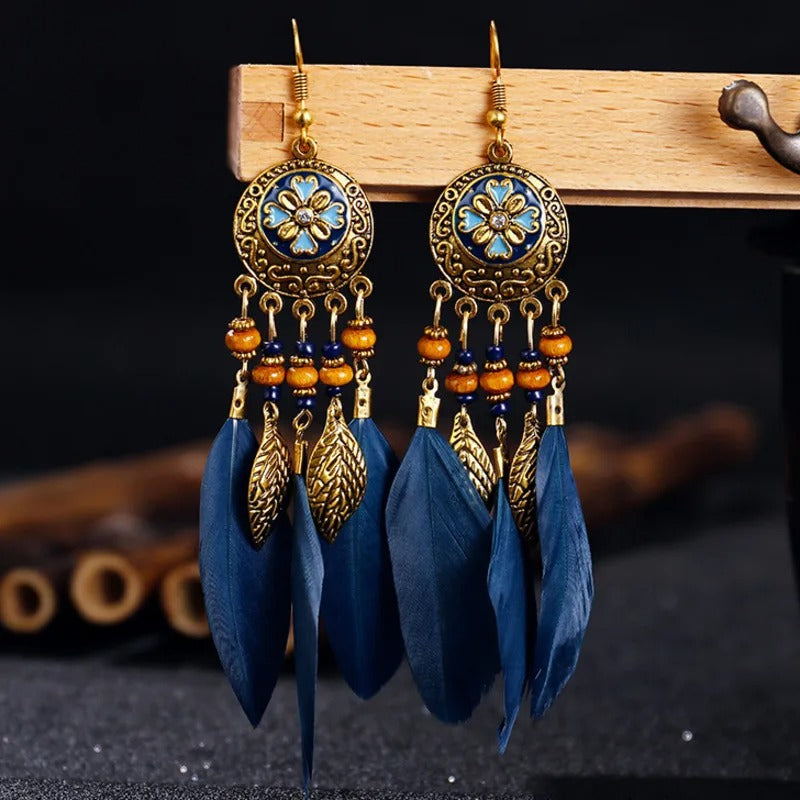 Bohemian Vintage Long Earrings Carved Leaf & Feather Tassel