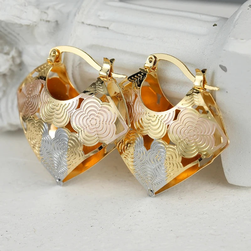 Exquisite Fashion Gold Color Metal Square Carving Tricolor Flower Hoop Earrings for Women Jewelry