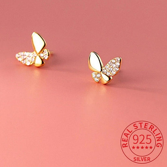 Cute Butterfly Stud Earrings 925 Silver Tiny Zircon Fine Jewelry Women
