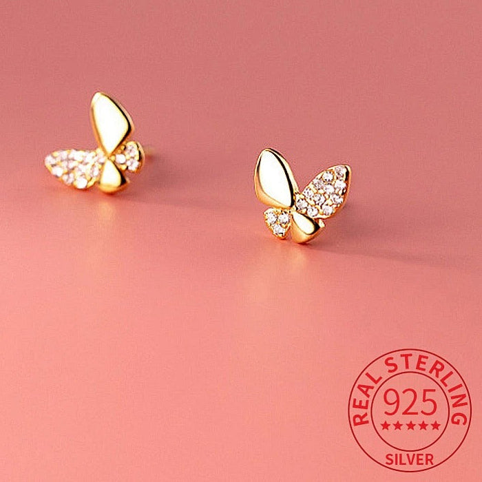 Real 925 Sterling Silver Tiny Zircon Butterfly Stud Earrings For Fashion Women Cute Fine Jewelry 18k Gold Accessories