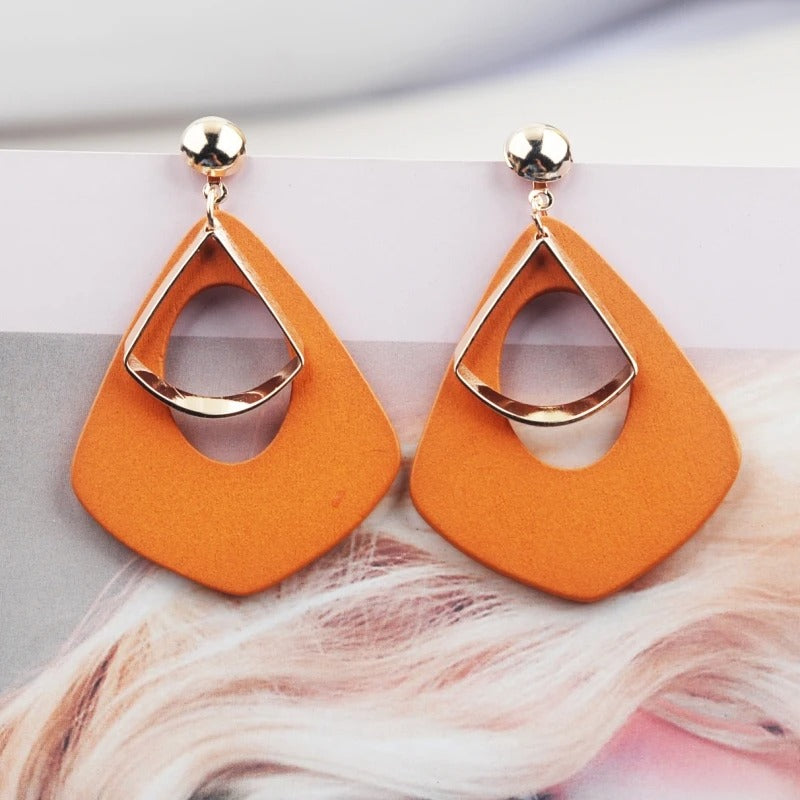 Trendy New Wooden Water Drop Hanging Earrings for Women Gold Color Metal Female Drop Earrings