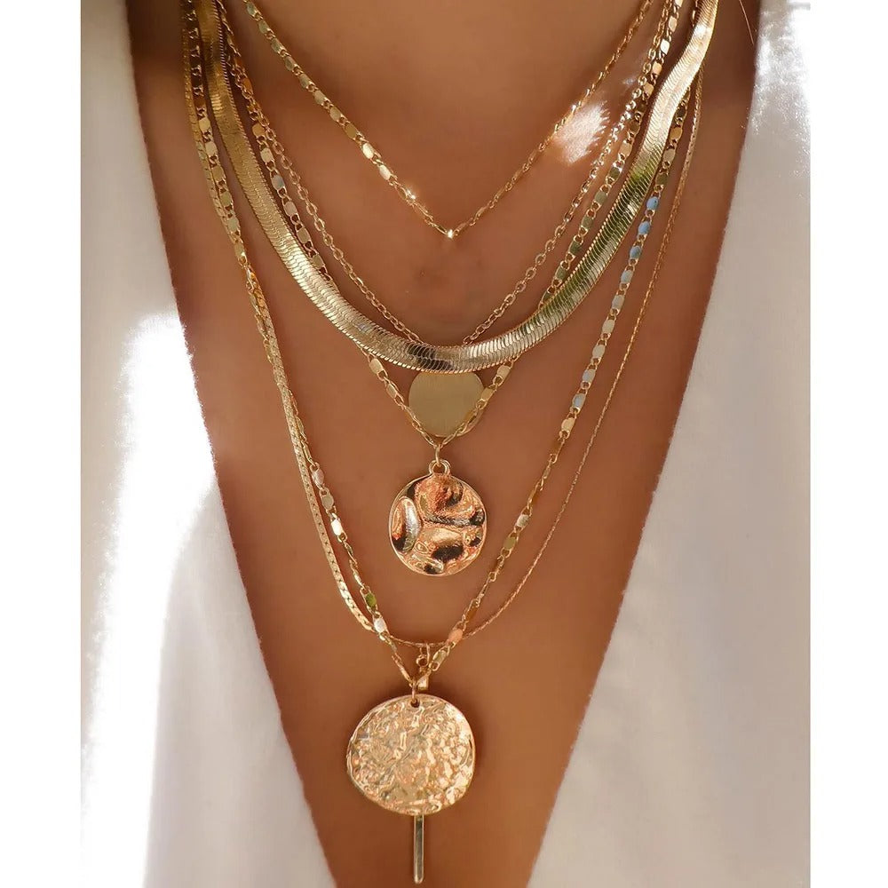 Vintage Gold Color Multiple Styles Necklace For Women Trendy Multi-Layer Disc Pendant Necklaces New Set Jewelry Gifts