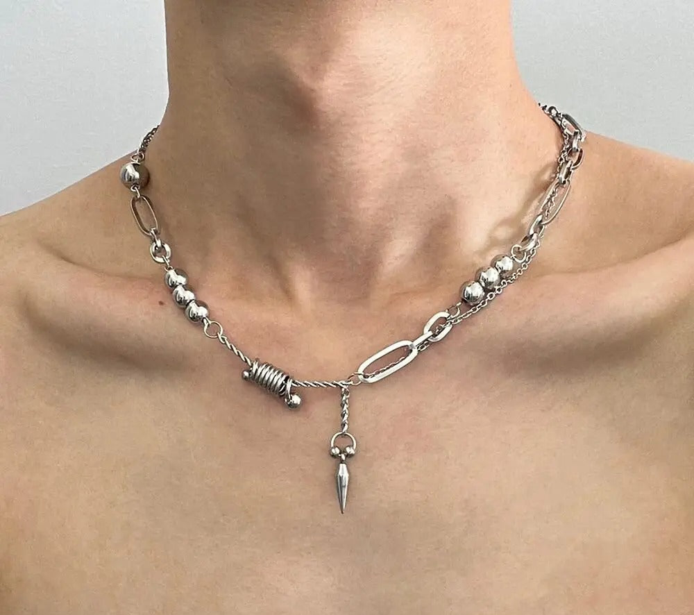 Rivet Pendant Necklace For Man Woman Punk Titanium Steel Splicing Clavicle Sweater Chain Unisex Jewelry  Accessories
