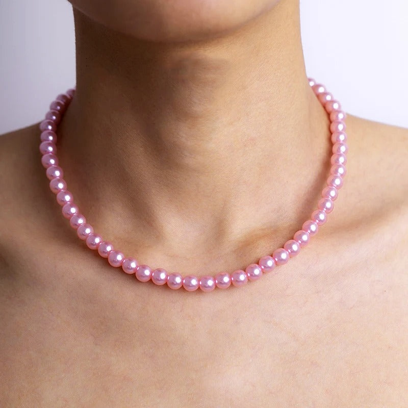 Trend Wedding Party Jewelry Pink Pearl Choker Necklace For Lovers' Elegant Pink Imitation Pearl Beach Vacation Necklaces