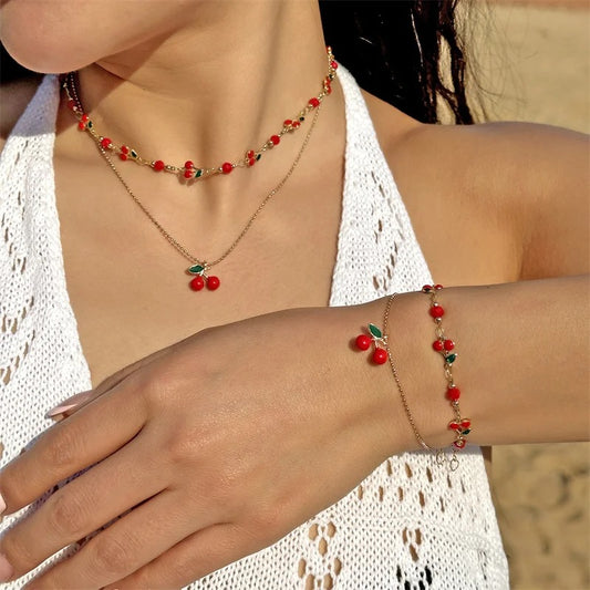 2 Pcs/Set Sweet Cherry Crystal Necklace Bracelet Anklet for Women Elegant Cherry Pendant Charm Chain Set Trip Party Jewelry Gift