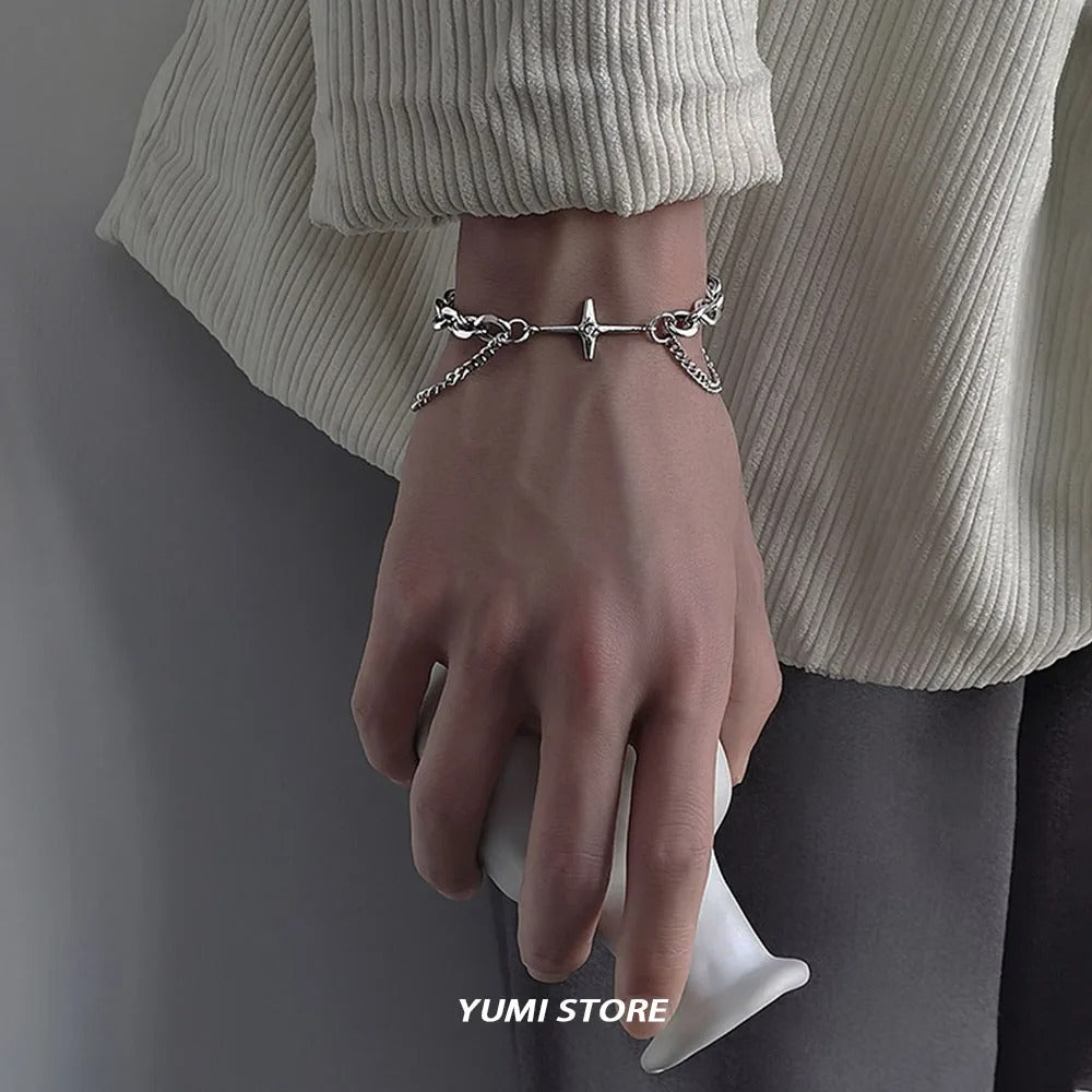 Titanium Steel Star Cross Bracelet Double Layer Hip Hop Unisex Jewelry