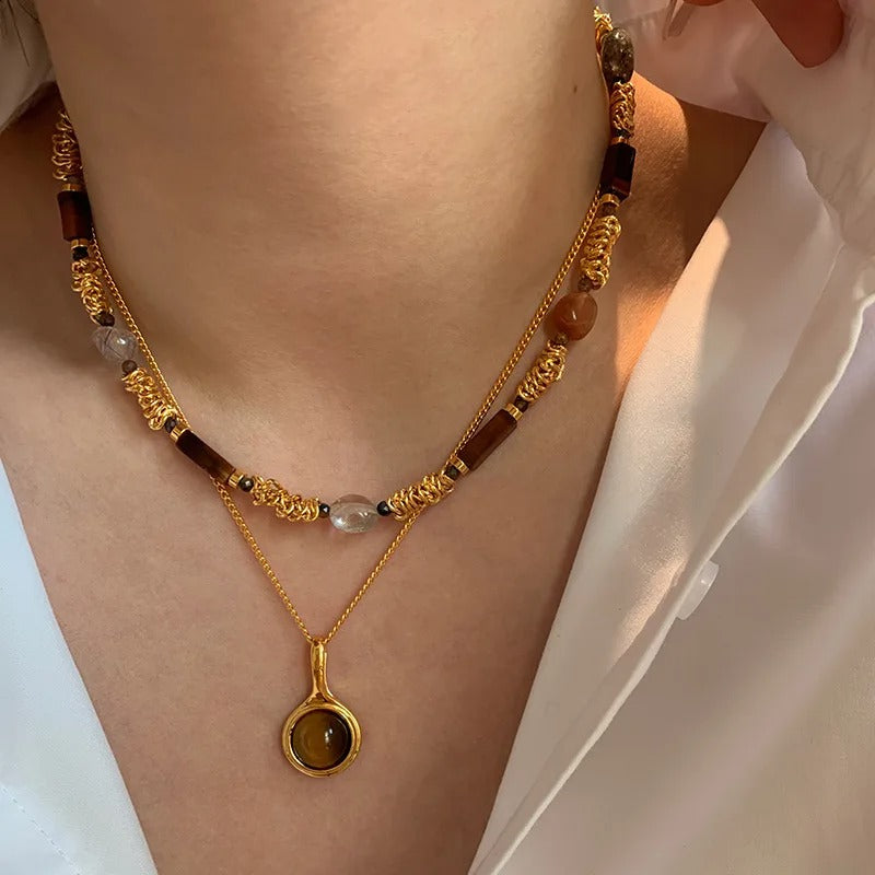 Fashion Natural Brown Stone Necklaces for Women Vintage Gold Color Metal Irregular Handmade Bead Choker Necklaces Jewelry Gifts